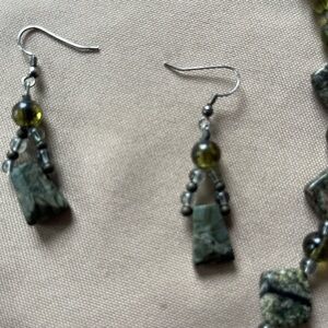 Green Jasper Drop Earrings with Olive Glass Bead and Matching Necklace